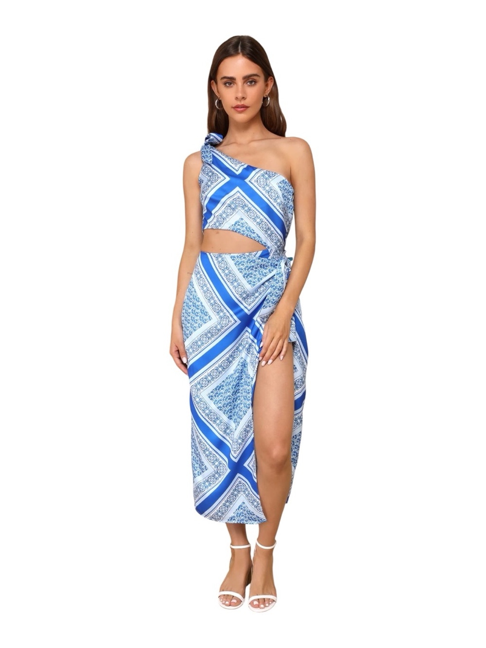Lulus Vacay Beauty One Shoulder Midi Dress Blue Scarf Print XL NWT
